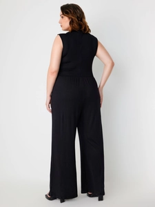 Women's plus size sleeveless black jumpsuit with wide legs and back zip closure