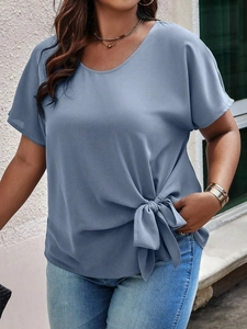 Morandi blue women short sleeve blouse with side bow tie design and casual round neck