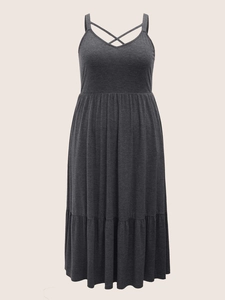 Women's charcoal grey loose maxi dress with spaghetti straps and tiered hem detail