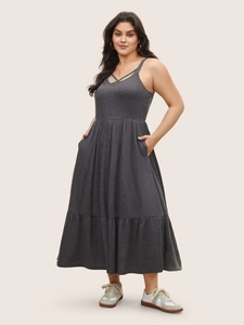 Plus size dark grey V-neck maxi dress with spaghetti straps and side pockets