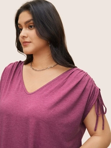 Plus size V-neck short sleeve T-shirt with drawstring shoulder details in plum purple