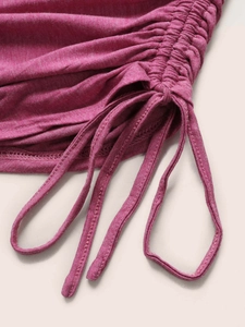 Women V-neck drawstring T-shirt in deep magenta with ruched knit fabric texture