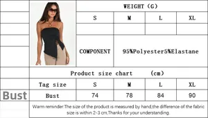 Size chart for black strapless tie-front top showing S-XL bust measurements in centimeters