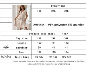 Detailed size chart for plus size V-neck ruffle dress showing dimensions in centimeters