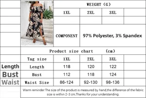 Size chart for plus size off-shoulder floral maxi dress with measurements in cm and inches