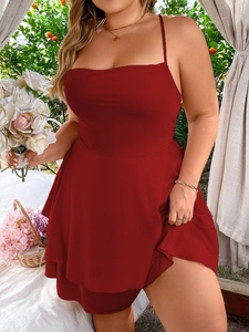 Sexy backless plus size red strap mini dress with layered ruffles for summer vacation