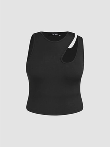 Detail of black ribbed knit vest showing asymmetrical cutout shoulder and brand logo