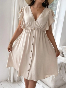 Beige V-neck casual summer dress with ruffle sleeves and button-down front details