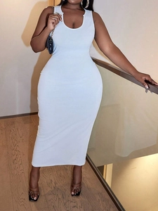 Robe Maxi Moulante Sexy pour Femmes Grandes Tailles Sans Manches Tricot Côtelé Blanc Col en U Fente Arrière Décontractée