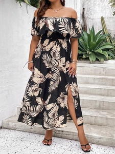 Plus Size Off Shoulder Tropical Leaf Print Maxi Dress With Ruffle High Slit High Waist Summer Vacation Long Dress For Women