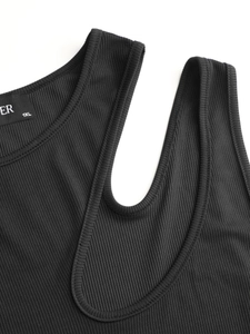Detail of black ribbed knit top featuring a unique cutout neckline and soft fabric texture