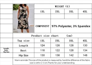 Detailed size chart for plus size floral maxi dress with bust and hip measurements