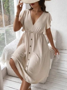 Beige V-neck maxi dress with ruffle sleeves and decorative buttons for summer vacation
