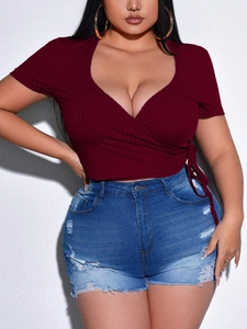 Women Plus Size Sexy V Neck Wrap Top Short Sleeve Ribbed Knit Slim Fit Wine Red Tie Side T-Shirt Casual Blouse