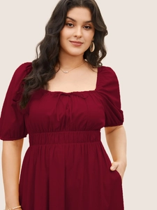 Robe Midi Grande Taille Femme Vacances Françaises Col Carré Manches Bouffantes Élégante Nœud Taille Poche Rouge Vin