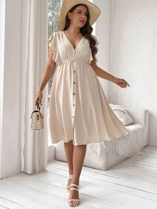 Elegant beige V-neck midi dress with flutter sleeves and button-up front detail