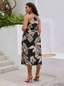 Floral print one-shoulder midi dress with side pleats and palm leaf pattern in black and beige