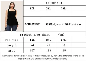 Size chart for French square neck sleeveless top showing measurements from 1XL to 3XL