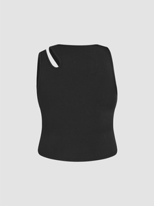 Detail of black rib-knit sleeveless top featuring a unique shoulder cutout design