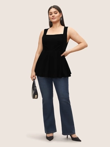 Plus size black square neck sleeveless top with elegant peplum waist and flattering fit