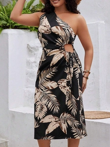 One-shoulder tropical leaf print midi dress with side cutout and adjustable drawstring