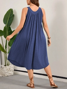 Women sleeveless dark blue A-line beach dress with elegant back pleats and midi length