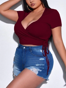 Deep burgundy ribbed V-neck wrap T-shirt for women with side tie design and short sleeves