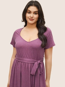 Women Plus Size V-Neck Short Sleeve Midi Dress With Tie Waist Pockets Casual Knit Viscose Blend Solid Color Summer Dress