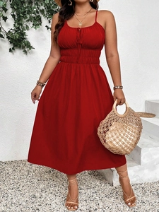 Plus Size Women Vintage Red Spaghetti Strap Midi Dress Elegant Smocked Waist A-Line V-Neck Beach Vacation Sleeveless Sun Dress
