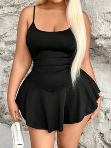 Women Plus Size Sexy Black Slip Mini Dress Spaghetti Straps U-Neck A-Line Ruffle Hem Bodycon Casual Party Summer Dress