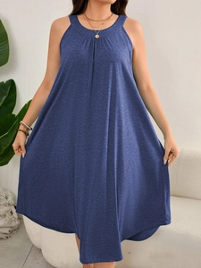 Women's sleeveless A-line beach dress in navy blue marl with a pleated round neckline
