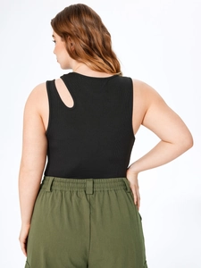 Women's black sleeveless knit top with shoulder cutout and ribbed texture detail