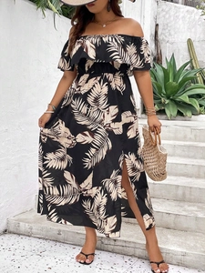 Off-shoulder floral maxi dress with ruffle detail and side slit for summer vacation