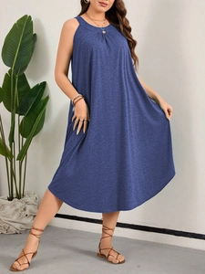 Women's Plus Size Sleeveless A-Line Midi Dress Pleated Round Neck Loose Fit Viscose Blend Casual Beach Vacation Sun Dress