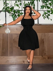Plus Size Women Halter Neck Mini Dress Black Square Neck Sleeveless A-Line Flare Sexy Backless Club Evening Party Dress