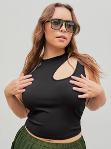 Detail of black ribbed knit vest featuring a halter neck and oval cut-out at the chest