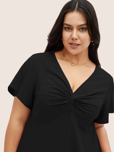 Elegante abito nero con scollo a V e maniche corte con dettaglio a nodo per donna estate