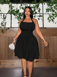 Elegant black halter neck A-line mini dress with a cinched waist and square collar detail