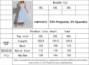 Size chart for plus size blue floral sleeveless A-line dress with detailed measurements