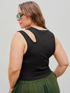 Detailed close-up of black ribbed tank top featuring a unique shoulder cutout design