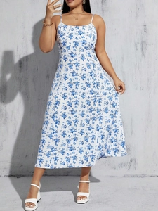 Plus Size Women's Summer Floral Cami Dress High Waist A-Line Midi Dress Casual Sleeveless White Blue Flower Print Sundress