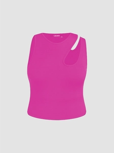 Close-up of rose pink ribbed knit top with stylish cutout shoulder detail and round neck