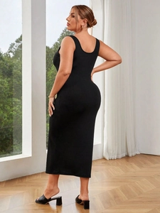 Elegant black bodycon midi dress with square neck and ribbed knit texture for women