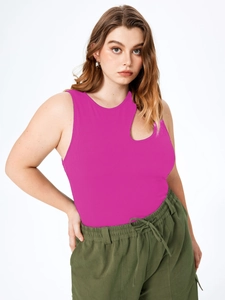 Detail of fuchsia ribbed knit tank top featuring stylish asymmetric neckline cutout