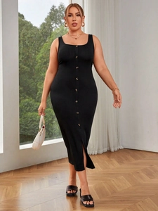 Elegant black square neck sleeveless maxi dress with button details and front slit