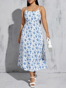 Summer A-line sundress with blue floral print and high waist silhouette for women