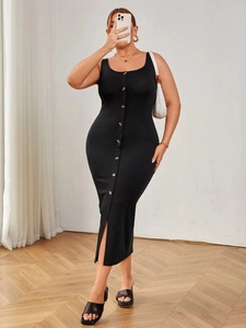 Elegant black sleeveless knit maxi dress with square neck and button front detail