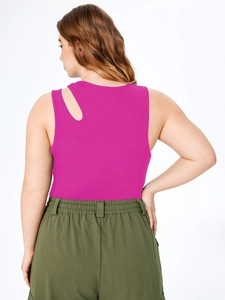 Detail of rose red sleeveless knit top showing shoulder cutout and ribbed texture