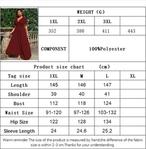 Size chart for V-neck maxi dress with detailed measurements and fabric specifications