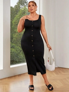 Elegant black square neck bodycon midi dress with ribbed knit and button front detail